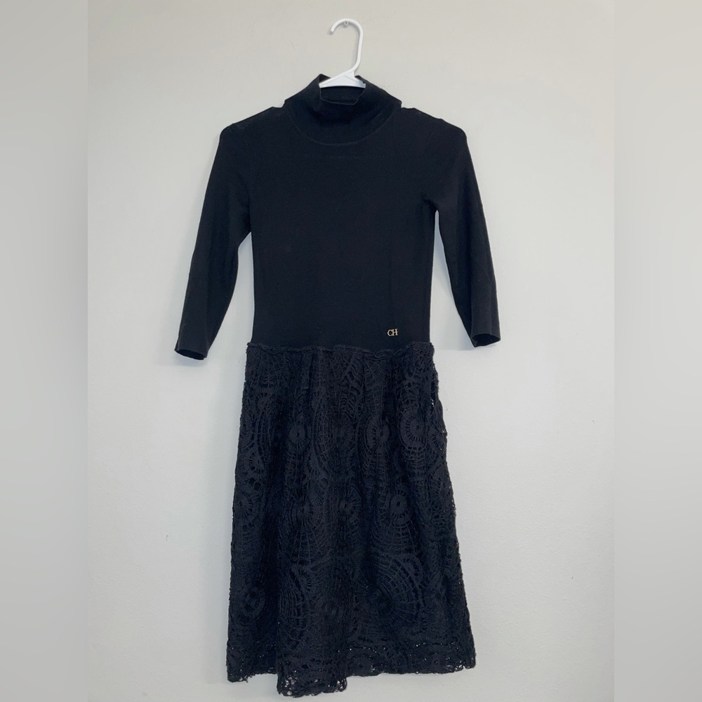 Carolina Herrera Black Wool & Lace Dress